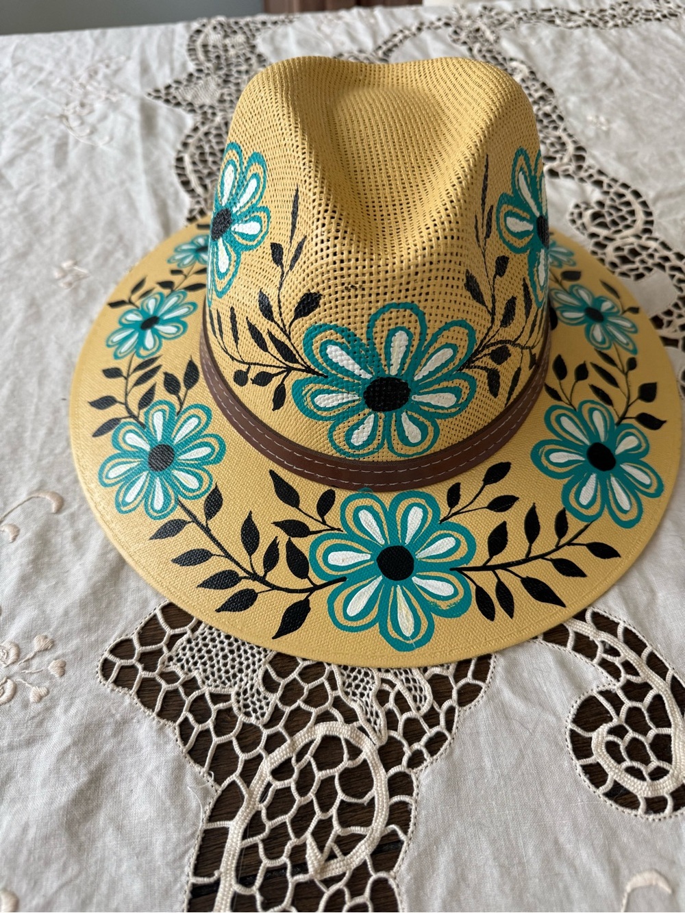 Bonitos Hand Painted Straw Hat Teal and Whit Floral